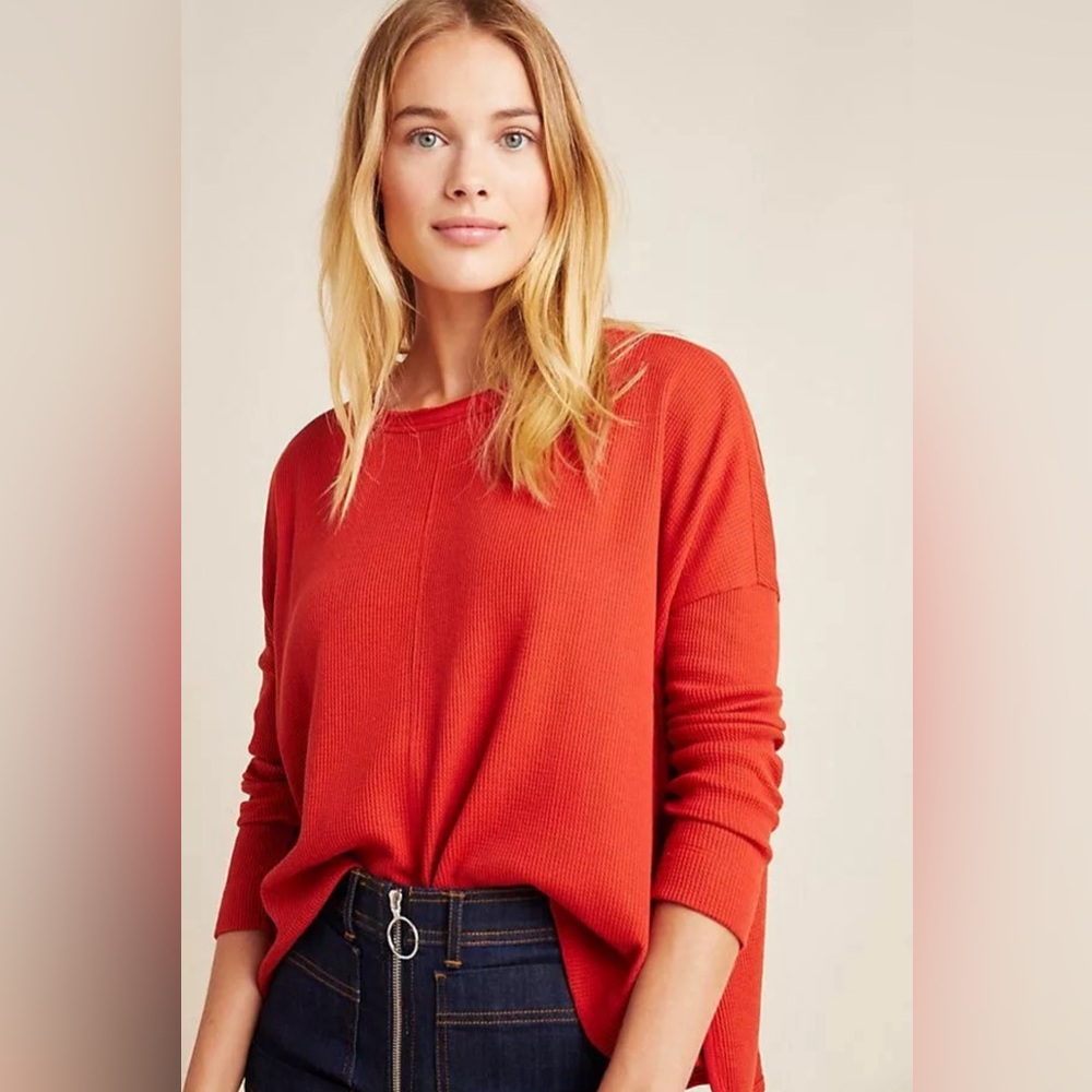 Anthropologie Sage Nori Waffle Knit Drop Shoulder Long Sleeve Red Oversized XS